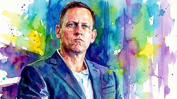 Ilustración acuarela de Peter Thiel, un hombre con traje oscuro y camisa clara, sobre un fondo abstracto de colores vibrantes como azul, verde, amarillo y morado.