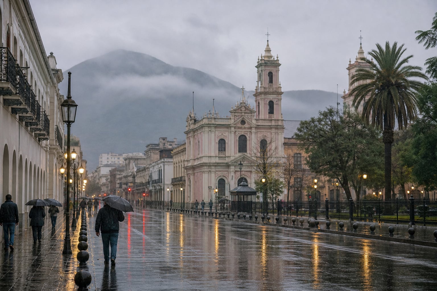 Varios transeúntes caminan con paraguas por una calle mojada frente a los edificios históricos y la plaza central de Salta durante una jornada con precipitaciones. (Imagen Ilustrativa Infobae)