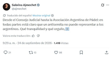 Captura de pantalla de una publicación en la red social X realizada por la cuenta verificada de Sabrina Ajmechet