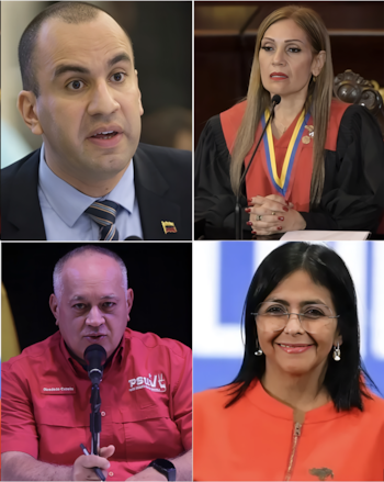 Mosaico de cuatro imágenes con dos hombres y dos mujeres, incluyendo a un hombre con camisa roja y a una mujer con túnica judicial