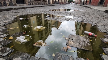 Calle empedrada con un charco grande que contiene bolsas plásticas, hojas, una botella plástica y una tapa de alcantarilla con la inscripción CDMX.