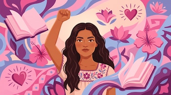 Ilustración de mujer joven con cabello oscuro, puño levantado, dos libros abiertos, flores rosadas y moradas, y tres corazones con rayos.