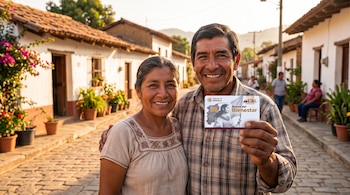 Un hombre y una mujer sonríen en una calle empedrada mientras él sostiene una tarjeta bancaria del Banco del Bienestar.