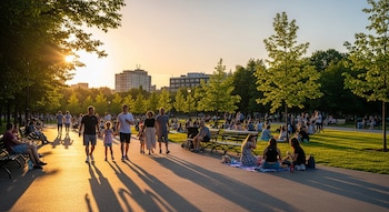 Vista de un parque urbano al atardecer con numerosas personas caminando y sentadas en el césped. Se observan árboles, caminos y edificios al fondo.