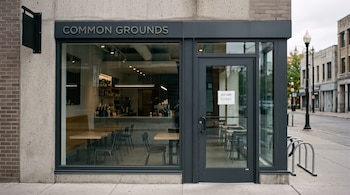 Fachada de la cafetería Common Grounds con ventanales de vidrio, mesas de madera vacías y un aviso en la puerta con el texto We are closed.