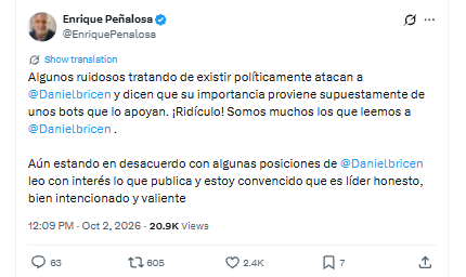 Mensaje de Enrique Peñalosa sobre Daniel Briceño (captura de pantalla @EnriquePeñalosa/X)