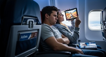 Hombre y mujer en asientos de avión; la mujer sostiene una tablet con imagen, el hombre tiene expresión de disgusto y brazos cruzados. Ventana de avión.