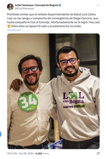 El concejal Julián Sastoque se refirió a la salida de Luis Carlos Leal de la Supersalud - crédito @ElJuliSastoque/X