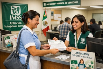 Dos mujeres en una oficina. Una empleada del IMSS recibe documentos de una trabajadora doméstica. Hay logos del IMSS, banderas de México y letreros.