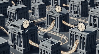 Múltiples edificios bancarios grises con columnas, líneas luminosas que contienen billetes de dólar, relojes en los tejados y un coche oscuro.