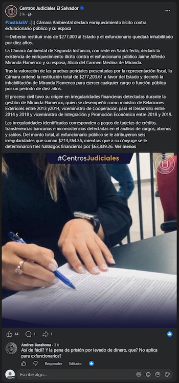 Cámara Ambiental declara enriquecimiento ilícito de exfuncionario salvadoreño y ordena la restitución de más de $277,000.