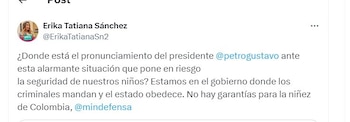 Erika Tatiana Sánchez dice que Colombia está en un Gobierno en donde los criminales mandan y el Estado obedece - crédito @ErikaTatianaSn2