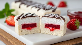 Dos mitades de una barra de malvavisco con relleno de jalea de fresa roja, decoradas con chocolate y azúcar en polvo, junto a fresas frescas.