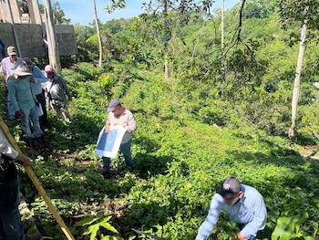 Varias personas con gorras y sombreros observan un mapa en un terreno inclinado rodeado de abundante vegetación verde y árboles