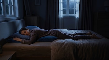 Una persona duerme boca abajo en una cama oscura con dos almohadas, una bajo la cabeza y otra bajo el abdomen, junto a una ventana nocturna sin luces.