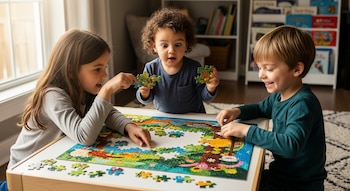 Una niña y dos niños arman un rompecabezas colorido sobre una mesa baja. Hay piezas esparcidas, un estante de libros al fondo y una ventana a la izquierda.