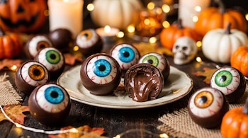 Bombones esféricos de chocolate decorados como ojos con iris de colores, uno cortado con relleno cremoso, sobre una mesa con pequeñas calabazas.