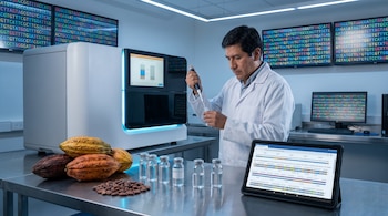 Un hombre con bata de laboratorio usa una pipeta junto a un secuenciador genético, muestras de cacao, viales y pantallas que muestran secuencias de ADN.