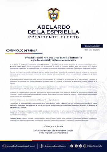 El Gobierno entrante de Colombia impulsa el Acuerdo de Asociación Económica con Japón y prevé confirmar desde el 7 de agosto su participación en la Expo 2027 de Yokohama - crédito @defensoresco/X