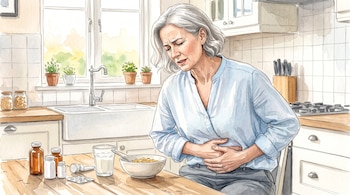 Ilustración de una mujer sentada a una mesa sujetando su abdomen, junto a un plato con cereales, leche y varias medicinas.