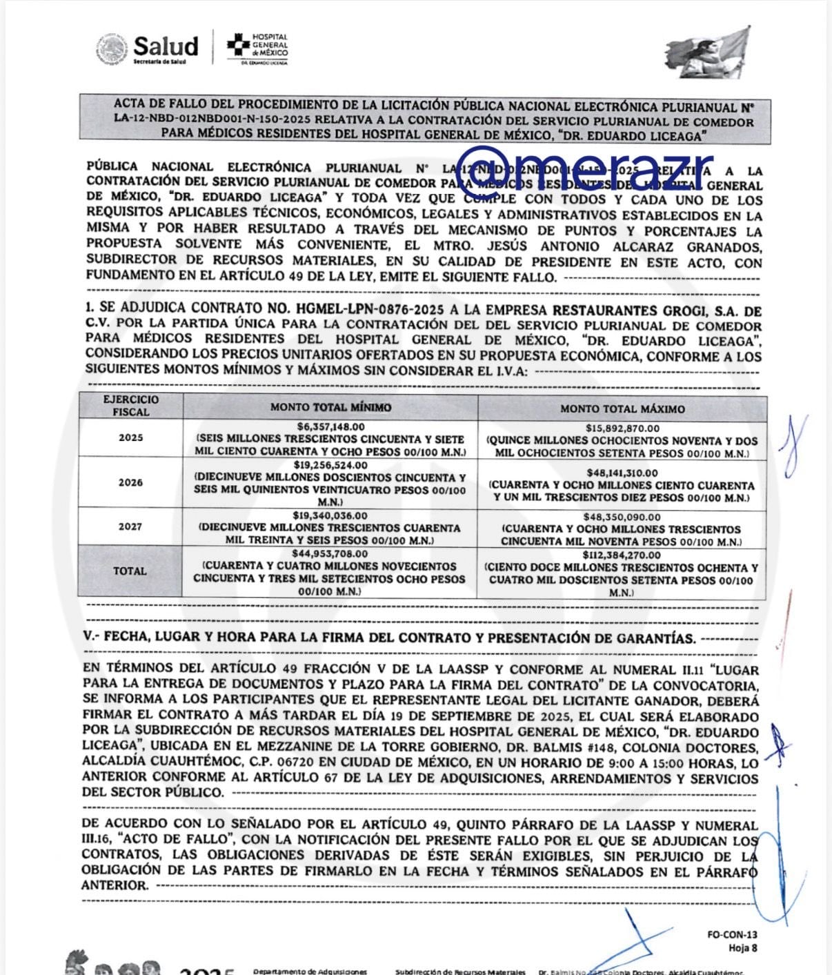 La empresa tiene un contrato hasta 2027 hasta por 112 mdp. (x/@merazr)