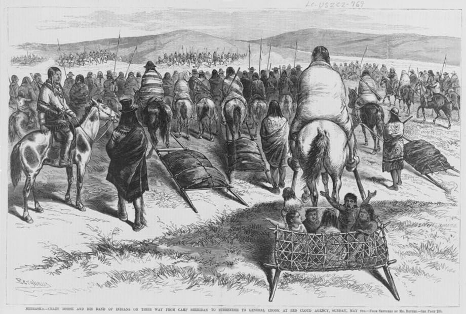 Caballo Loco y su grupo, camino a Camp Sheridan para rendirse ante el general George Crook en la Red Cloud Agency, el 6 de mayo de 1877. Ilustración de Berghavy