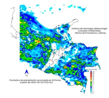 Para el 20 de agosto, el Ideam prevé un aumento de las lluvias en las regiones Caribe y Andina, con mayor probabilidad de precipitaciones intensas en La Guajira, Antioquia, Chocó y Santander, entre otros departamentos - crédito Ideam