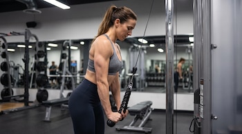 Una mujer vista de perfil ejercita los brazos con la cuerda de una máquina de polea en un gimnasio.