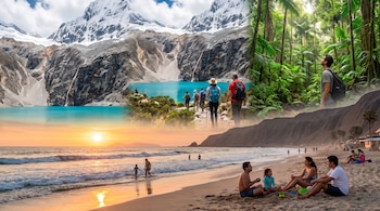 La imagen muestra un collage de personas en una playa con atardecer, senderistas cerca de una laguna turquesa en montañas nevadas y un hombre en la selva amazónica.
