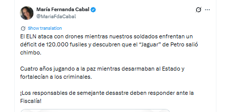 El Gobierno informó que las Fuerzas Militares enfrentan un déficit de 120.000 fusiles, un asunto que Cabal relacionó con el ataque con drones contra el cantón militar de Ocaña - crédito @MariaFdaCabal/X