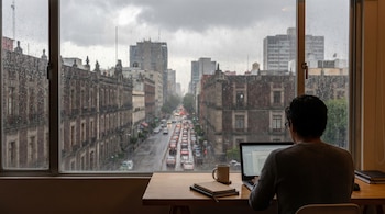 Vista trasera de una persona trabajando en una laptop frente a una ventana llena de gotas de lluvia, con una calle concurrida y edificios de la ciudad al fondo.