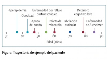Gráfico con una línea horizontal de edad de 30 a 90 años que señala afecciones como hiperlipidemia, obesidad, infarto y Alzheimer.