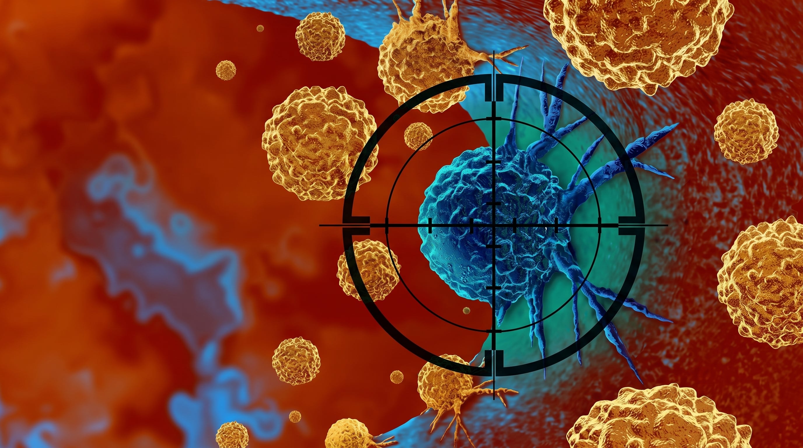 Una célula tumoral azul en el centro de una mira telescópica ilustra los tratamientos de medicina de precisión contra el cáncer. (Imagen Ilustrativa Infobae)