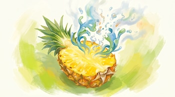 Ilustración de una piña fresca cortada por la mitad, mostrando su interior amarillo. Formas azuladas y verdes abstractas sobre ella, con fragmentos translúcidos. Fondo claro con pinceladas verdes.