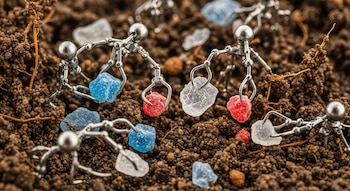 Robots diminutos con pinzas metálicas sujetan microplásticos de colores rojo, azul y blanco sobre tierra húmeda con raíces y partículas.
