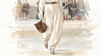 Ilustración en acuarela de una modelo caminando en pasarela con atuendo crema holgado, cinturón y zapatos grises, mientras espectadores difuminados observan.