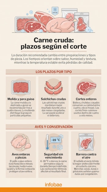 Infografía con ilustraciones de carne molida, salchichas, bistecs, pollo, un termómetro y un corte envasado al vacío.