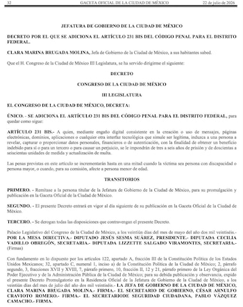 La reforma al Código Penal local añade el artículo 231 Bis para sancionar la suplantación de sitios, apps o mensajes con los que se induce a víctimas a entregar información personal o bancaria