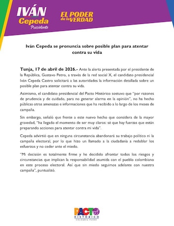 El senador Iván Cepeda enfatiza la gravedad de la situación y exige que las autoridades aclaren el alcance de las amenazas en esta campaña electoral - crédito @IvanCepedaCast/X