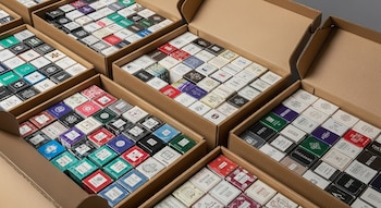 Varias cajas de cartón abiertas llenas de pequeños frascos cuadrados de perfume genérico con etiquetas coloridas y diseños variados, ordenados en filas.