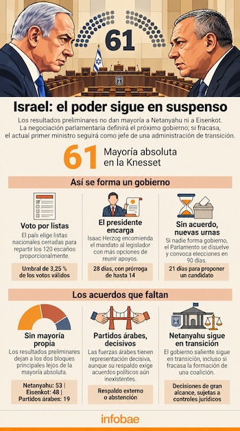 Infografía con ilustraciones de Benjamin Netanyahu y Gadi Eisenkot frente a la Knesset, textos explicativos, cifras e iconos sobre fondo beige