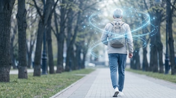 Un adulto mayor de espaldas camina por un sendero arbolado; luces azules digitales con puntos brillantes flotan alrededor de su cabeza.