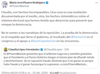 María José Pizarro destacó respaldo al gobierno y pidió a Claudia López no alimentar narrativas de la oposición - crédito @PizarroMariaJo/X