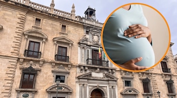 Fachada de piedra de un edificio histórico con banderas y reloj, junto a un círculo con el vientre de una mujer embarazada.