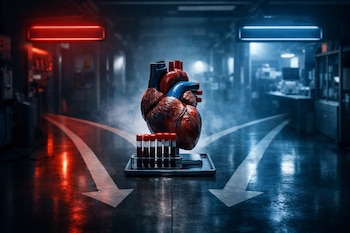 Modelo anatómico de corazón humano, seis tubos de ensayo con sangre, camino de laboratorio bifurcado, cartel "Riesgo clásico", cartel "Nuevos hallazgos".