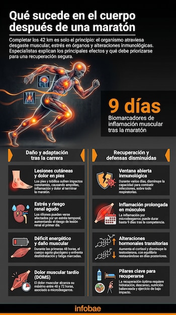 Infografía de un cuerpo humano translúcido corriendo, destacando órganos y sistemas impactados por una maratón con luz naranja, y texto sobre sus efectos y recuperación.