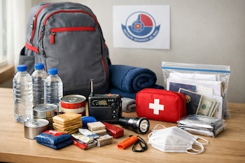 Mochila, tres botellas de agua, latas de comida, galletas, radio, linterna, botiquín rojo, mantas, documentos, mascarillas, silbato y logo del Instituto Geofísico del Perú.