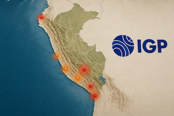 Mapa físico de Perú con círculos rojos y naranjas en la costa y región sur, junto al logotipo azul del Instituto Geofísico del Perú.