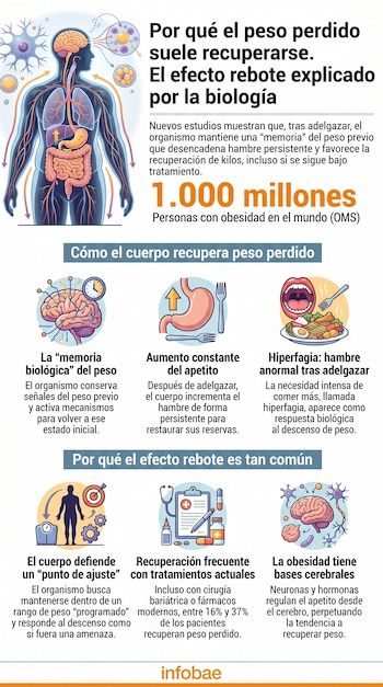 Infografía que ilustra un cuerpo humano con sus órganos internos, el cerebro y diagramas que explican conceptos como la memoria biológica y la hiperfagia.