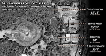 Vista aérea en blanco y negro de la zona arqueológica de Cuicuilco a la izquierda y edificios de la ENAH a la derecha, con líneas que marcan alineaciones y ángulos